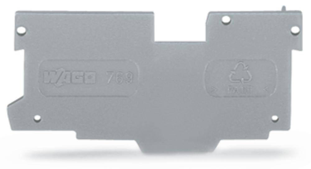 Grey plastic cover with screw holes, recyclable. Brand name 'WAGO 769' visible.