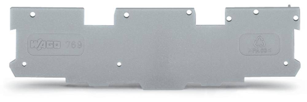 A grey cover plate with multiple holes and an embossed logo, suitable for electrical insulation and protection in an installation.
