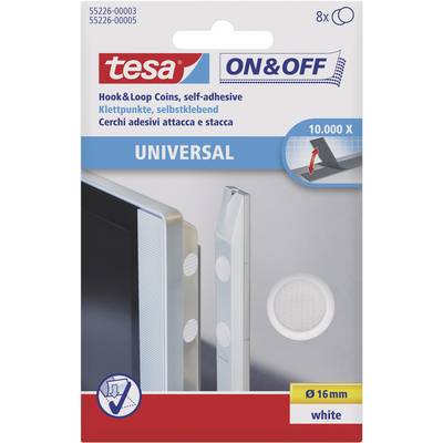 Pack of 8 tesa hook and loop dots, self-adhesive, white, 16 mm, for universal applications.