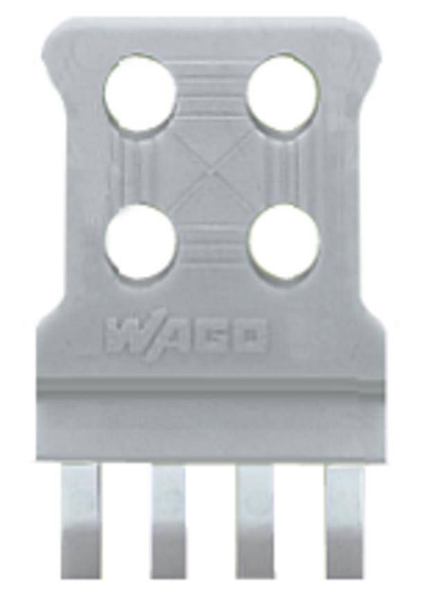 Connector, rectangular shape, four round holes at the top, WAGO logo in the centre, four flat metal contacts at the bottom.
