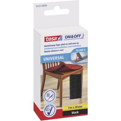 Packaging for a Tesa hook and loop tape, black, 1 m x 20 mm. Suitable for gluing and sewing items in place.