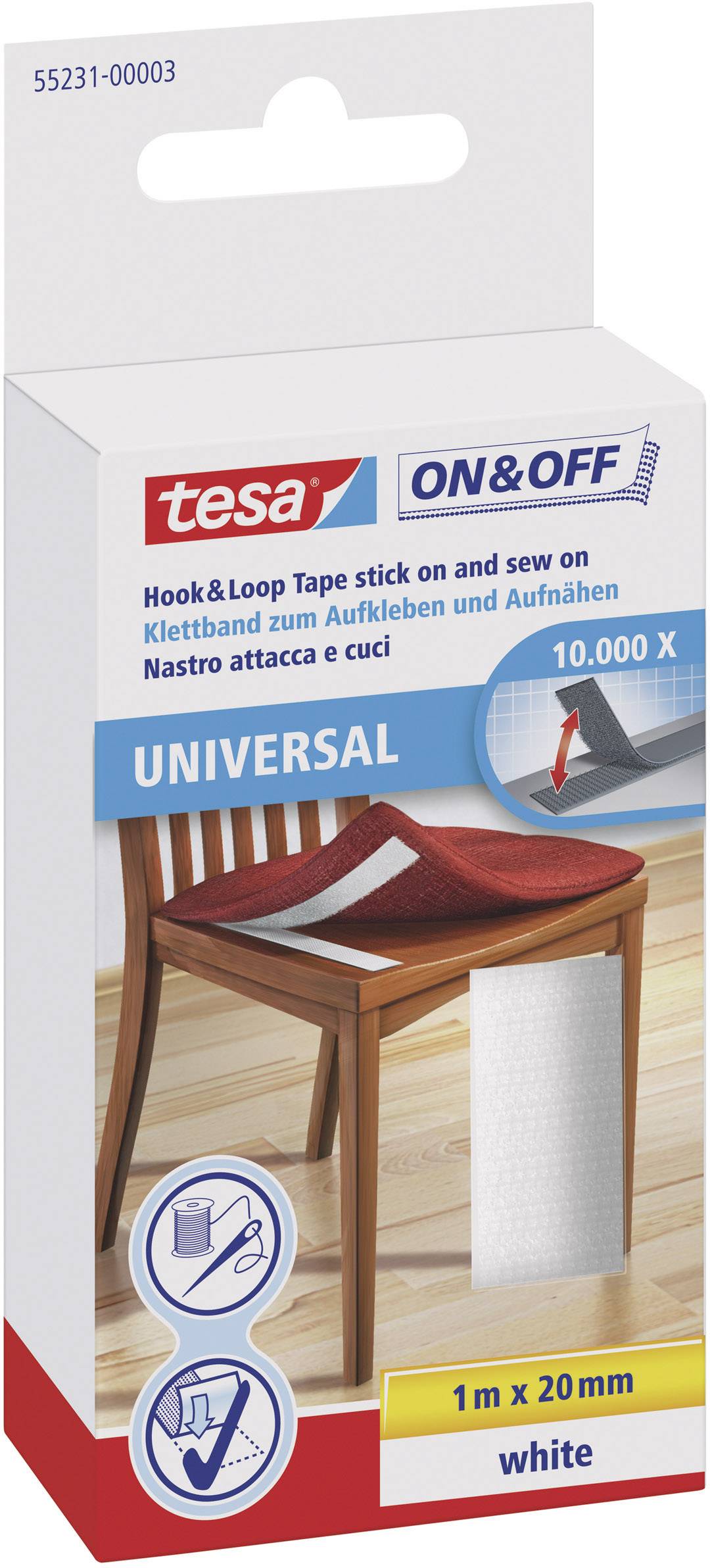 Velcro packaging by tesa with 'Universal' printed on it. Shows an image demonstrating use on a chair. Dimensions: 1 m x 20 mm.