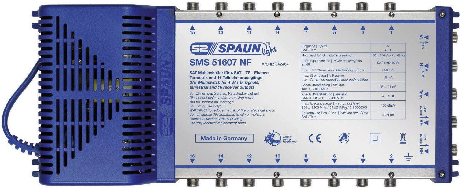 Spaun Light SMS 51607 NF SAT multiswitch Inputs (multiswitches): 5 (4 SAT/1 terrestrial) No. of participants: 16 Standby mode
