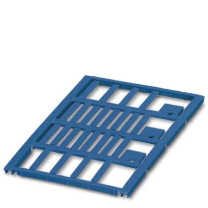 Blue plastic pallet with open spaces for ventilation. Rectangular shape, modular structure for storage and transport.