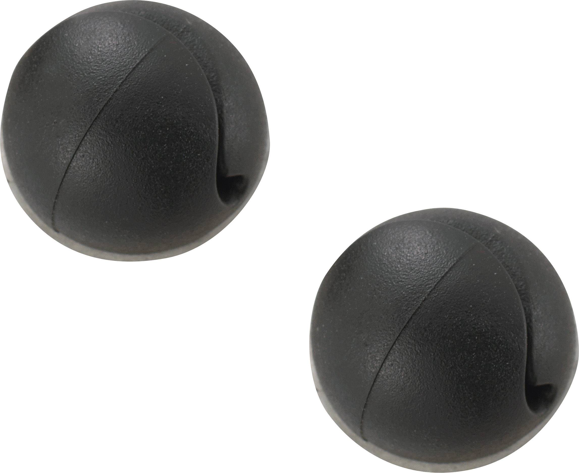 Two black, hemispherical plastic cable clips for securing cables to a surface.