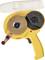 Yellow tape dispenser tool with a transparent upper compartment holding brown tape. Handle visible on the bottom right.