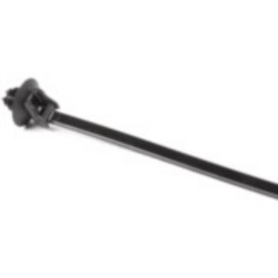 Black cable tie with a locking mechanism, used for bundling cables.