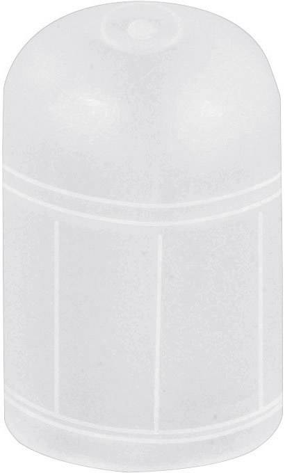White, cylindrical plastic cap, presumably for protective or sealing purposes.