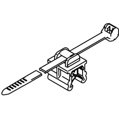 Illustration of a cable tie mount with a ratchet system, showing how the band is inserted for a secure fastening.
