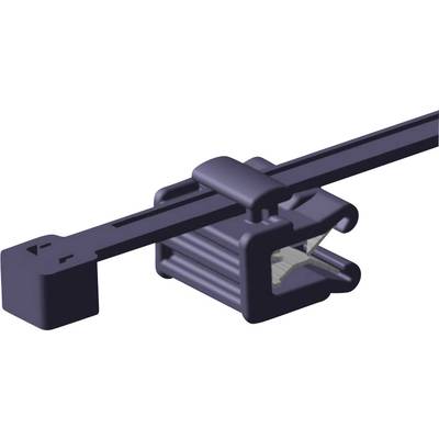 A cable tie with a grey locking mechanism, securing a cable. Suitable for diverse mounting applications.
