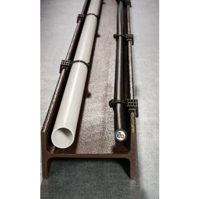 'A metal channel contains two parallel-guided pipes, one white and one black, which are secured with clips.'