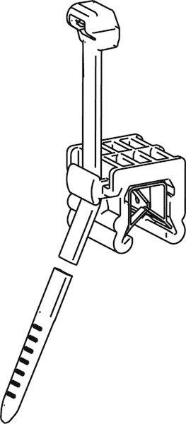 Drawing of a cable tie with a mounting bracket. The cable tie holds cables or wires in position and secures them to a surface.