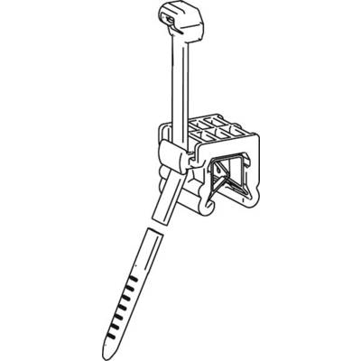 Drawing of a cable tie with a mounting bracket. The cable tie holds cables or wires in position and secures them to a surface.
