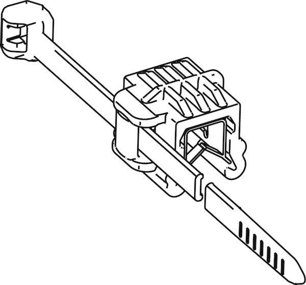 'Drawing of a cable tie clamp with an integrated ratchet mechanism, for securing and bundling cables.'