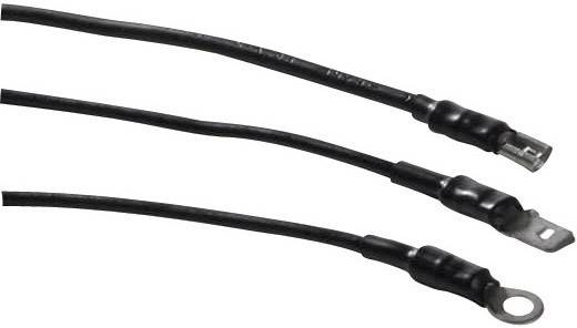 Three black electric cables with different connectors: ring, fork, and closed plug; for versatile connections.