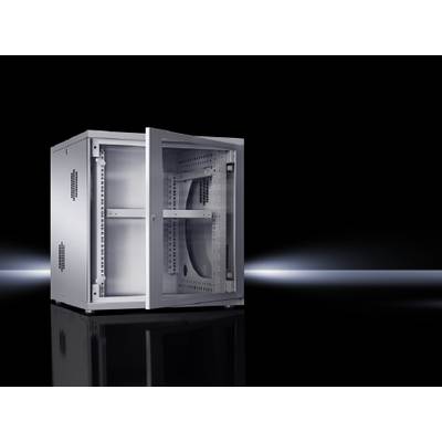 A silver, empty server rack with an open door stands on a glossy black background.