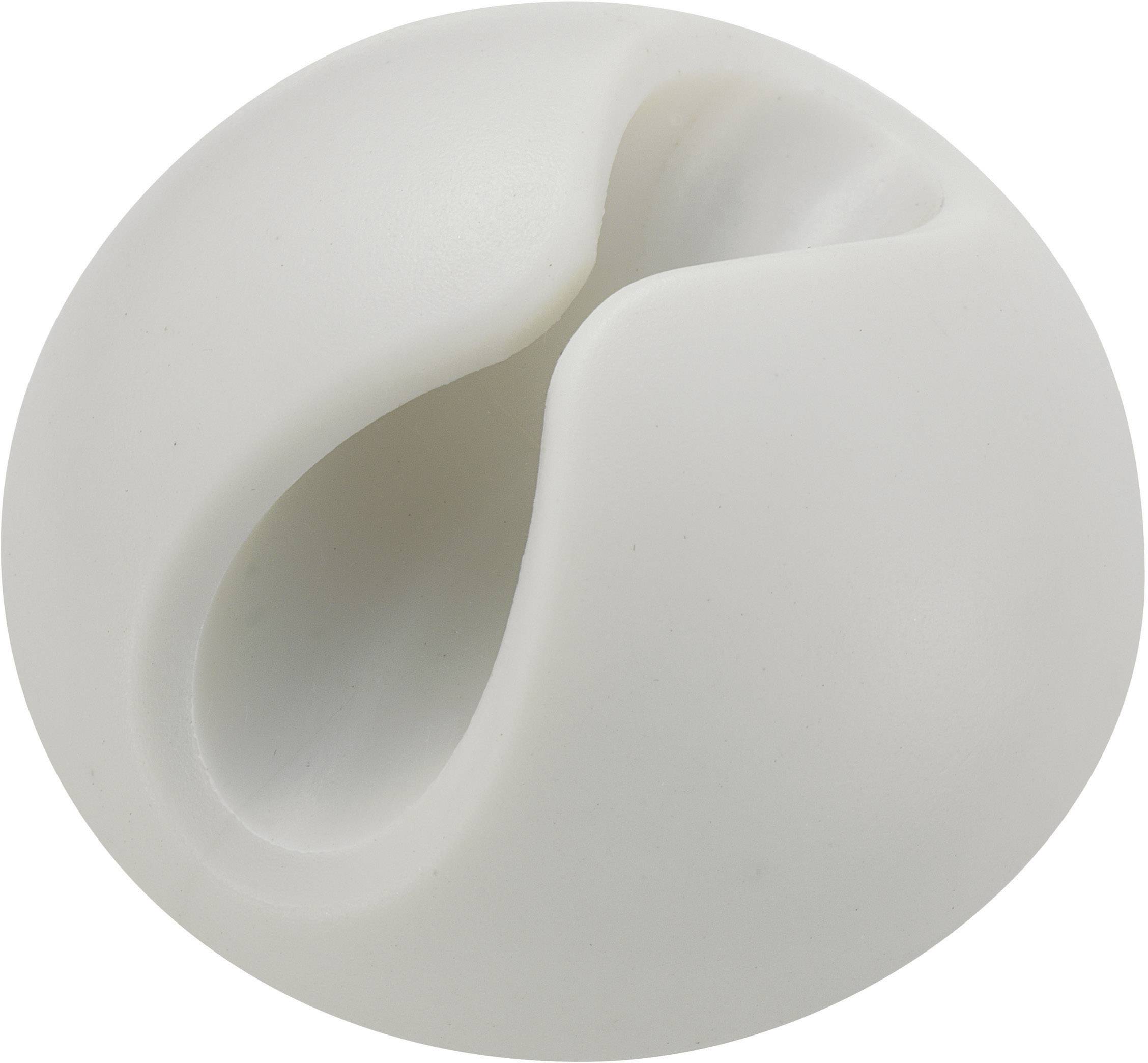 A white cable holder made of flexible material with a notch to organise and secure cables.