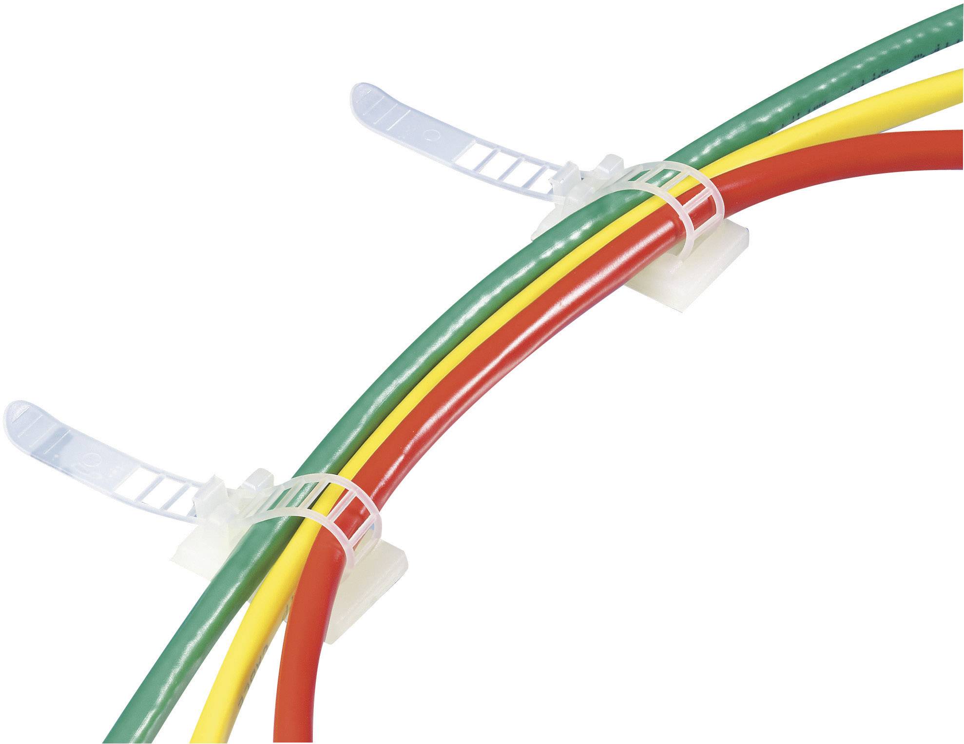 Colourful cable bundles in red, yellow and green, secured with transparent cable ties on white mounting brackets.