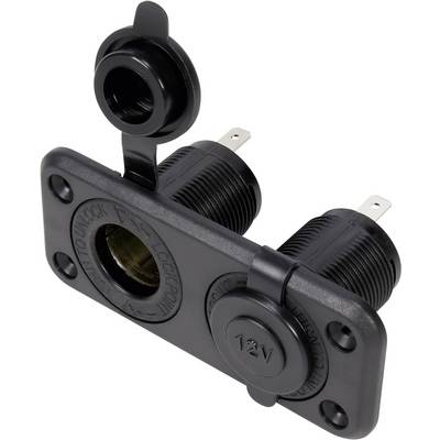 Black, rectangular 12V socket with two ports, suitable for installation in vehicles or boats.