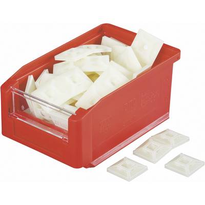 Red sorting box with white plastic parts. Some parts are lying outside the box.