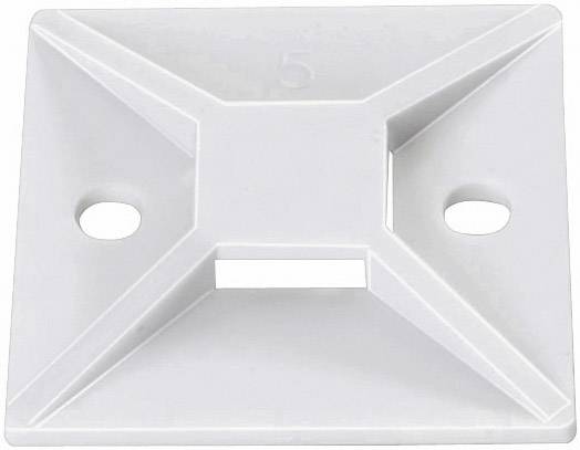 White plastic cable clip with two mounting holes, suitable for cable management on walls or other surfaces.