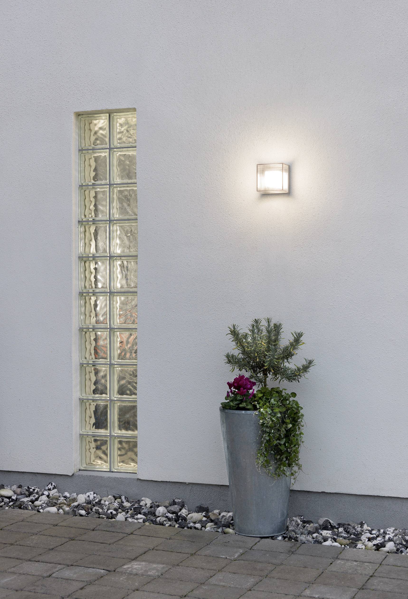 Wall light mounted on a white wall, with a plant in a grey pot beneath it; to the left, a narrow strip of glass blocks.