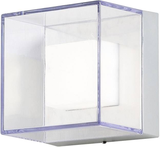 Wall lamp with a square, transparent casing. The lamp shines brightly from its centre. Suitable for modern interior design.