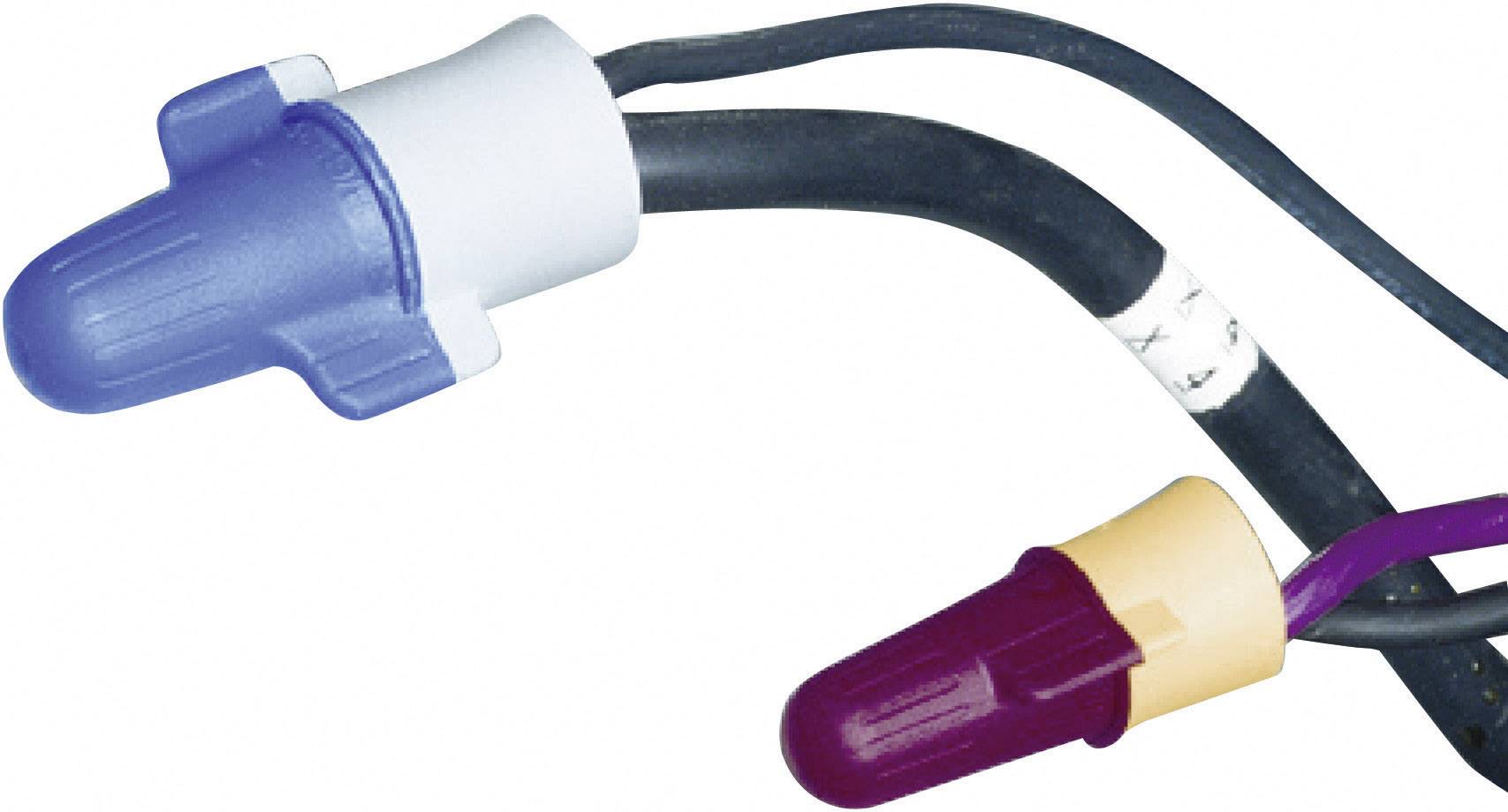 Three wires with blue and red plastic caps as cable connectors.