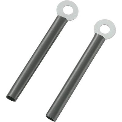 Two black metal pipes with round loops at one end on a white background.