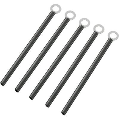 Five black metal rods with small round eyelets at one end, arranged in parallel on a white background.