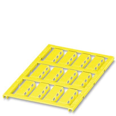 Yellow plastic component with rectangular cut-outs arranged like slots. It appears to be a technical part.