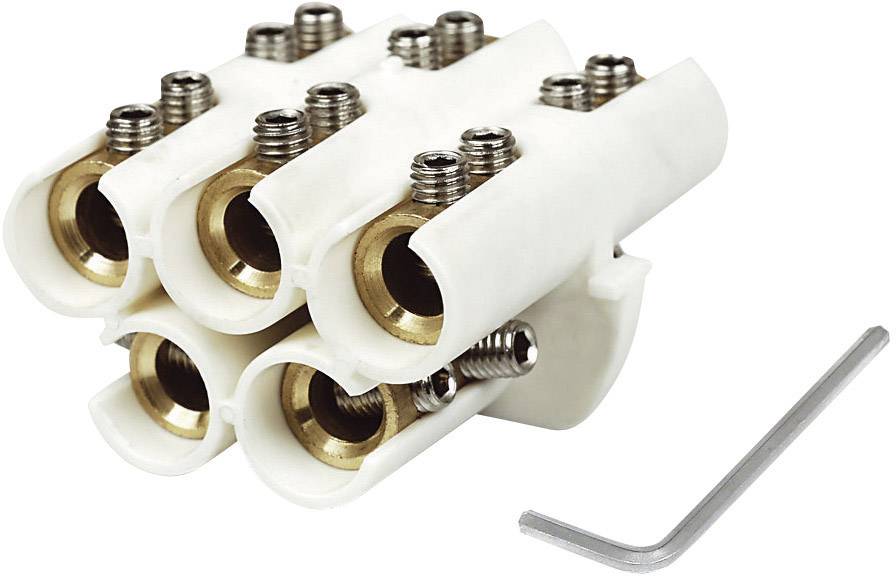 White cable connection with five metal clips and an Allen key beside it. Used for securely connecting cables.