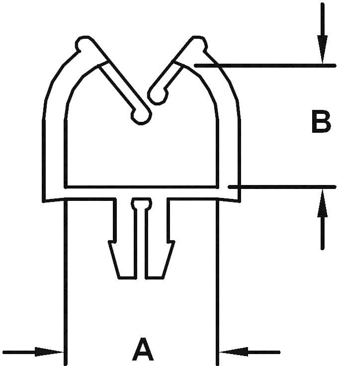 Technical drawing of a profile cross-section with marked dimensions: 'A' as the width of the base profile, 'B' as the height of the upper structure.