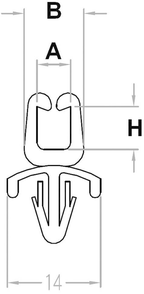 Technical Drawing of a Component with Dimensional Specifications: Width 14 mm, Height H, Upper Section Width B, Inner Distance A.