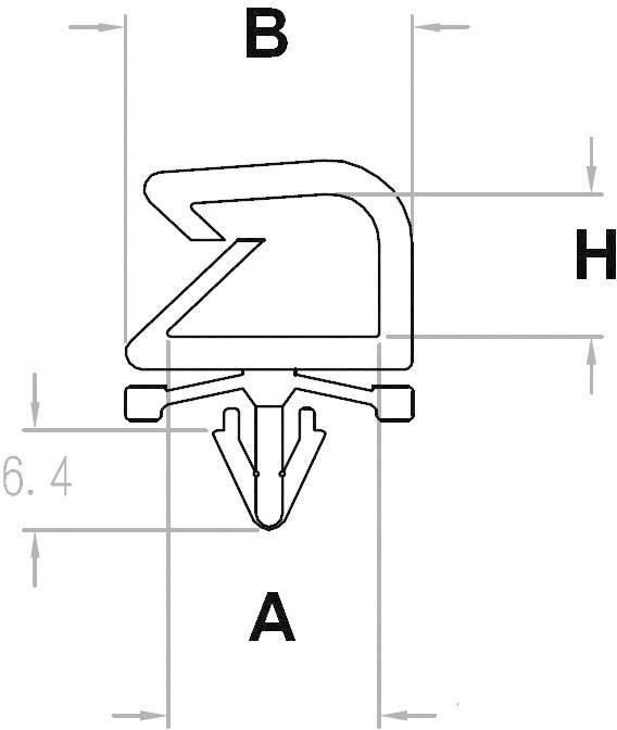 Technical drawing of a clamping system with marked dimensions: A, B and H. Horizontal arrows indicate width and height.