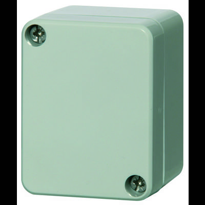A rectangular, light grey plastic box with a removable lid. Two screw holes are visible at the top corners.