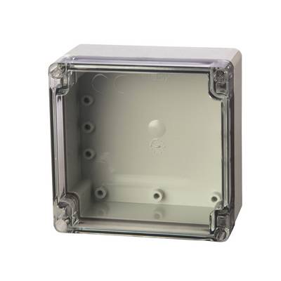 Rectangular, transparent plastic enclosure, suitable for protecting electrical components, with a grey rear panel.
