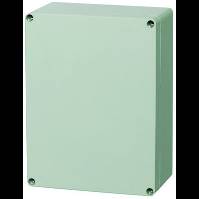 A rectangular green metal enclosure with rounded corners and four visible screws at the corners of the front panel.