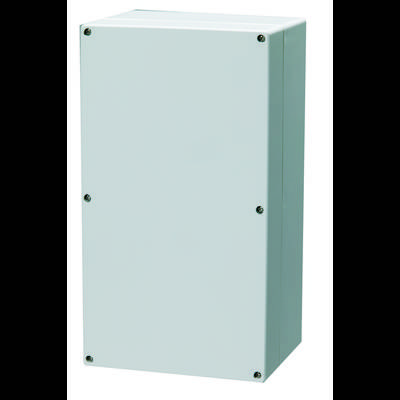 A rectangular, white enclosure with screw locks at the corners.