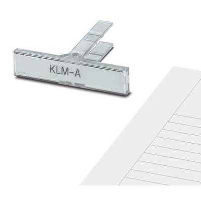 'KLM-A' label on a transparent plastic clip, lying next to a lined sheet of paper.
