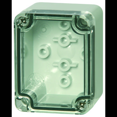 Transparent plastic enclosures with screw fasteners, suitable for housing electrical components.