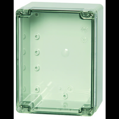 A rectangular, transparent enclosure with rounded corners, likely intended for electronic components or connections.