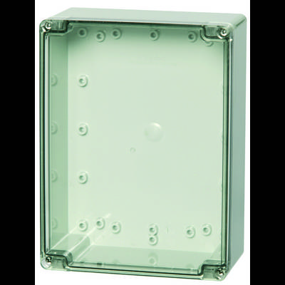 Rectangular transparent plastic enclosure with screw holes on the sides, suitable for electronic components or circuits.