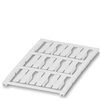White plastic sheet with rectangular cut-outs, arranged in four rows. Suitable for mounting material or base element.