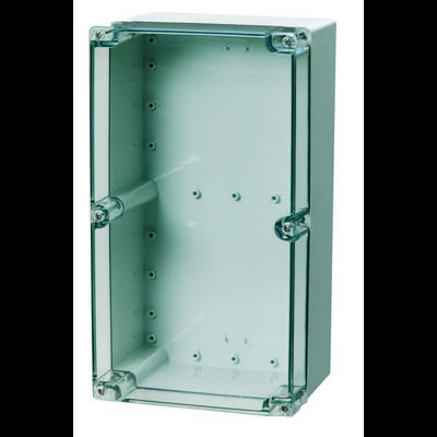 Rectangular, empty metal enclosure with a transparent plastic lid and screws at the corners. Suitable for electrical components.