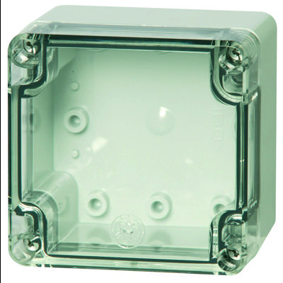 A transparent, square plastic enclosure with a screwed lid. It is empty and suitable for mounting electrical components.