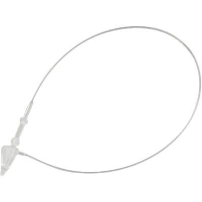 A white cable tie with a ribbed head and an elongated body is formed into a loose circle.