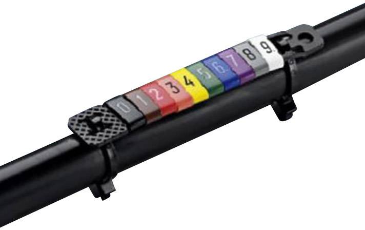Coloured cable marking with numbers 0 to 9 on a black pipe, for identifying and organising cables and conduits.