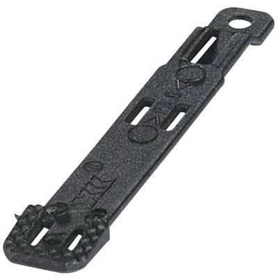 A black plastic fastener with multiple slots and holes, likely used for attaching or connecting materials.