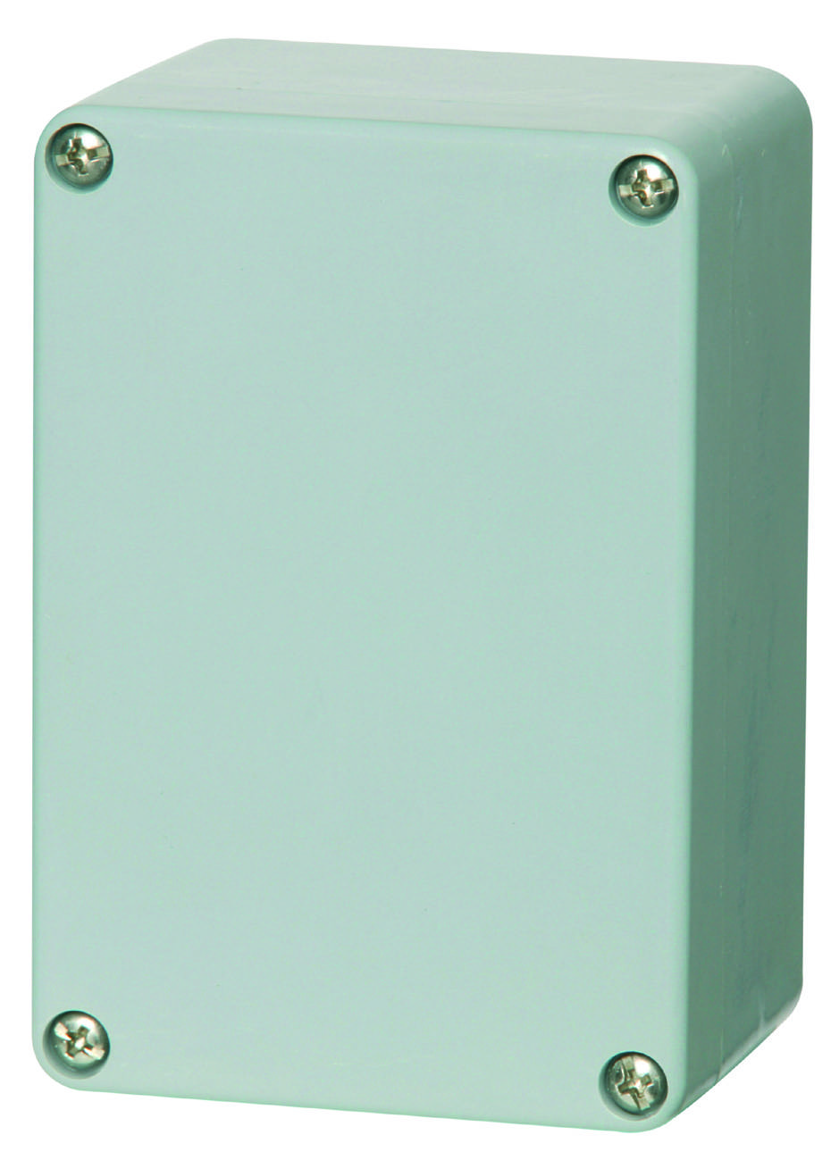 Rectangular grey plastic enclosure with four visible screws at the corners.